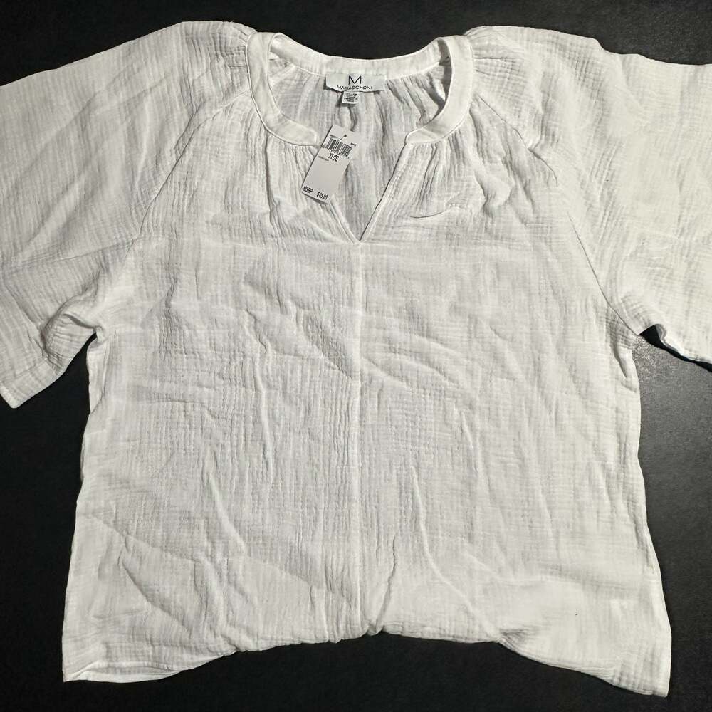 Magaschoni Women's Short Sleeve Cotton Gauze V-Neck Top
